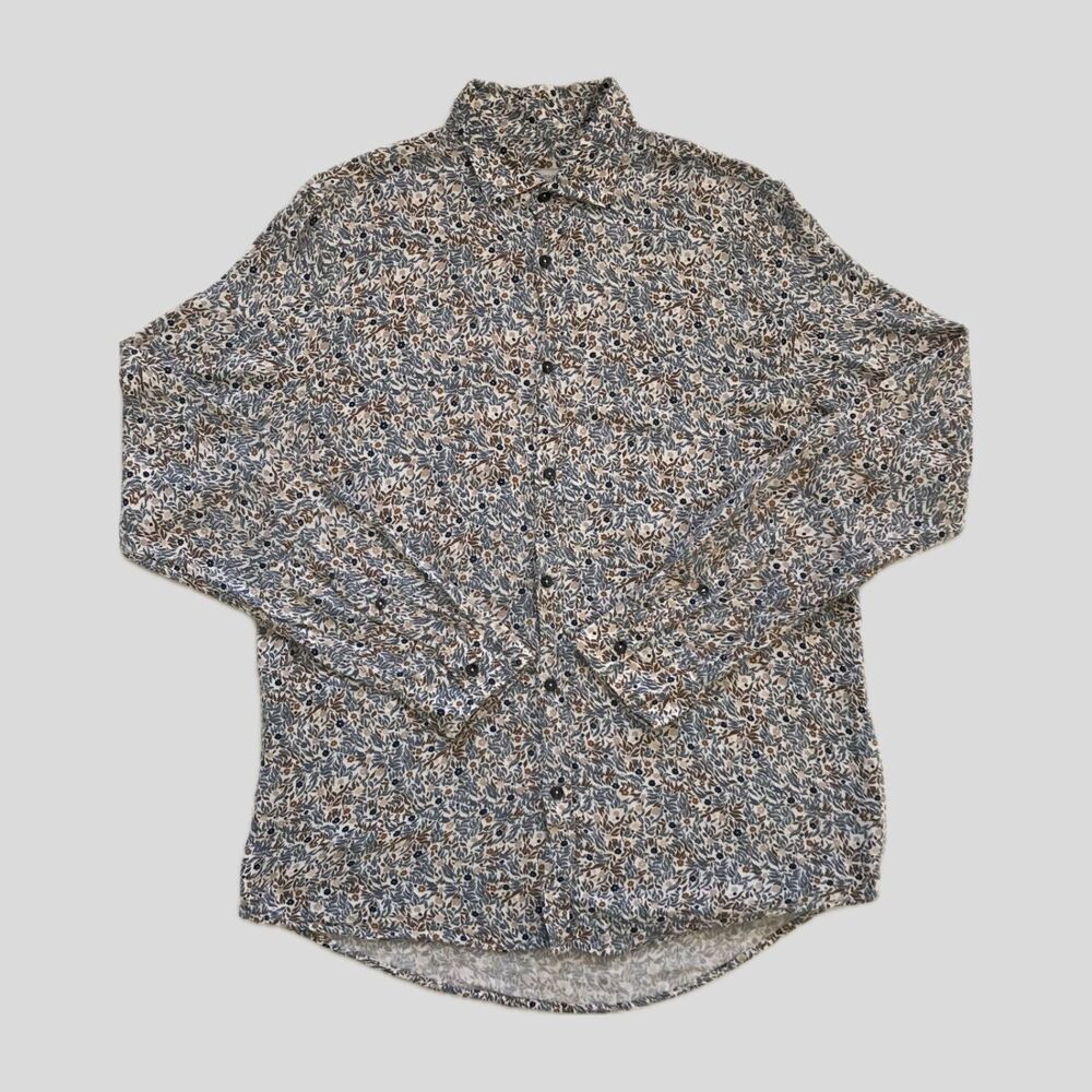 Zara White Blue Neutral Floral Relaxed Fit Long Sleeve Collared Casual Shirt M